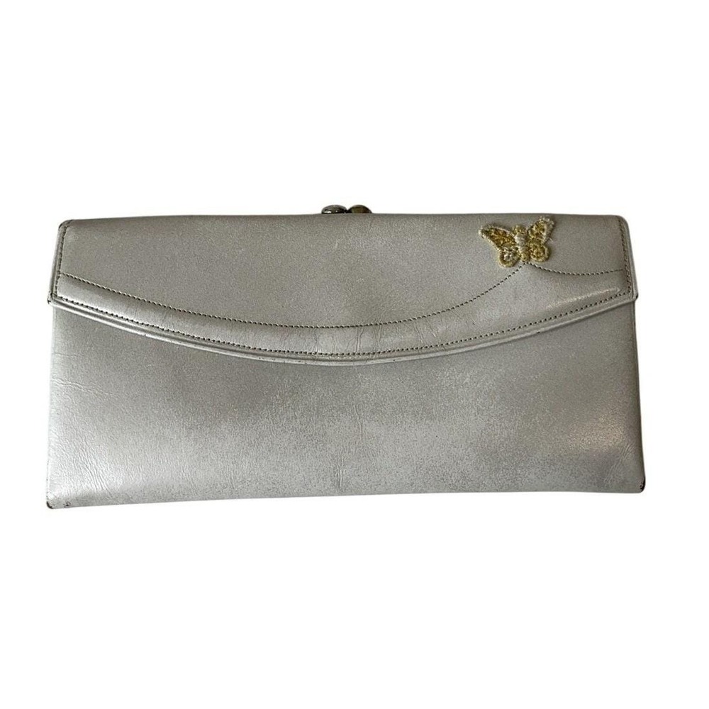 Vintage 70s  Leather Wallet Clutch Butterfly‎ Appliqué Kiss Lock Pearl White